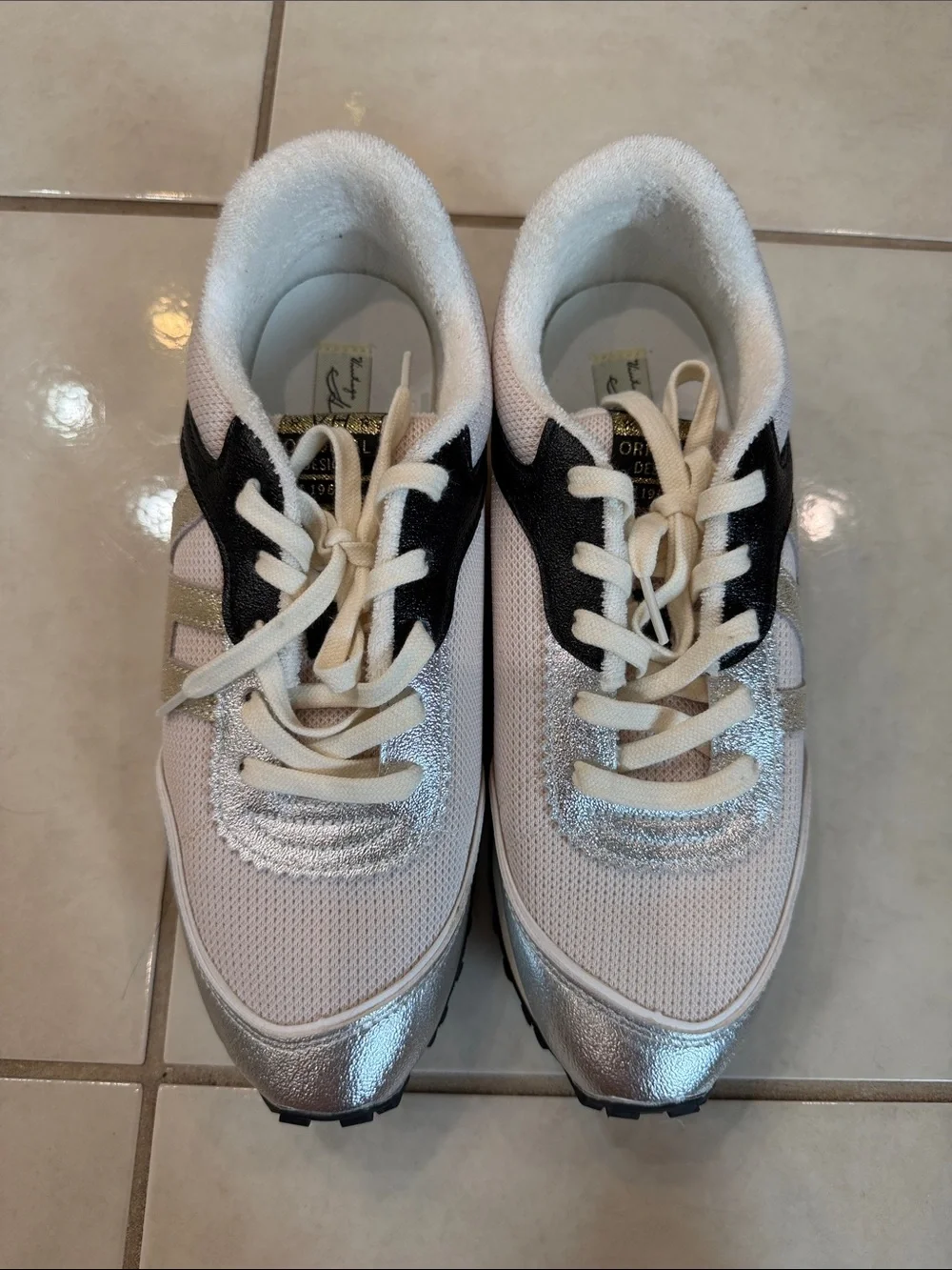 Vintage Havana White and Silver Women's Sneakers with Black Accents